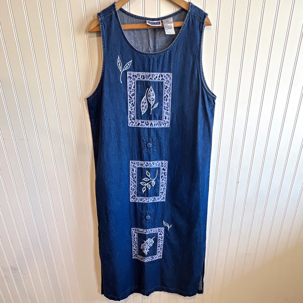 ERIKA & CO Dress Women L Blue Denim Midi jumper  Side Slit Animal embroidered